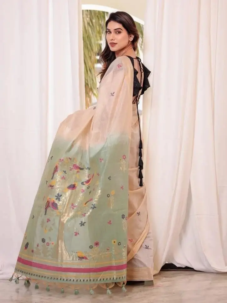 Enhance Your Essence with Cream Tan And Green Muga Cotton Saree With Weaving Work image 2