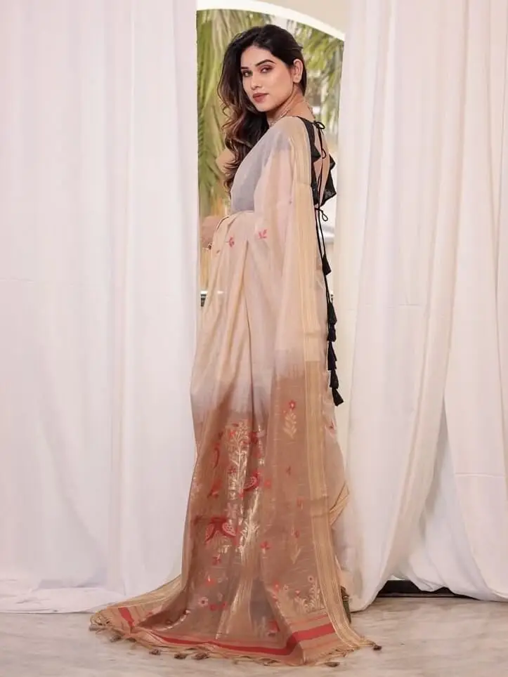 Feel the Glamour with Cream Tan And Brown Muga Cotton Saree With Weaving Work image 2