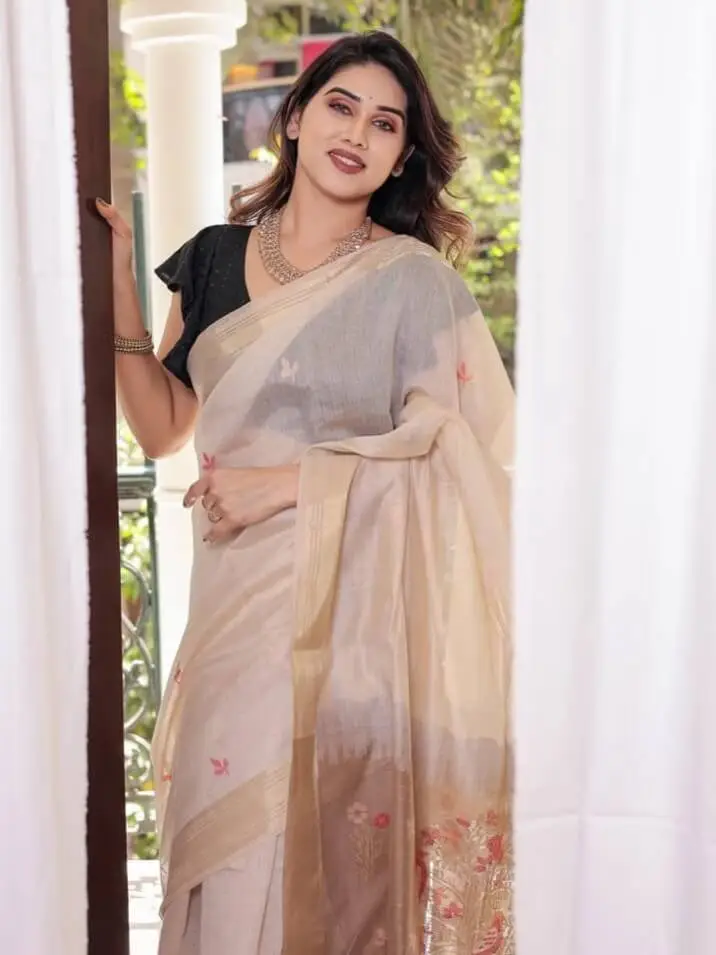 Feel the Glamour with Cream Tan And Brown Muga Cotton Saree With Weaving Work image 3