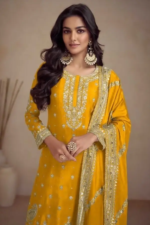 Elevate Your Look with Yellow Embroidered Chinnon Palazzo Suit Set image 2