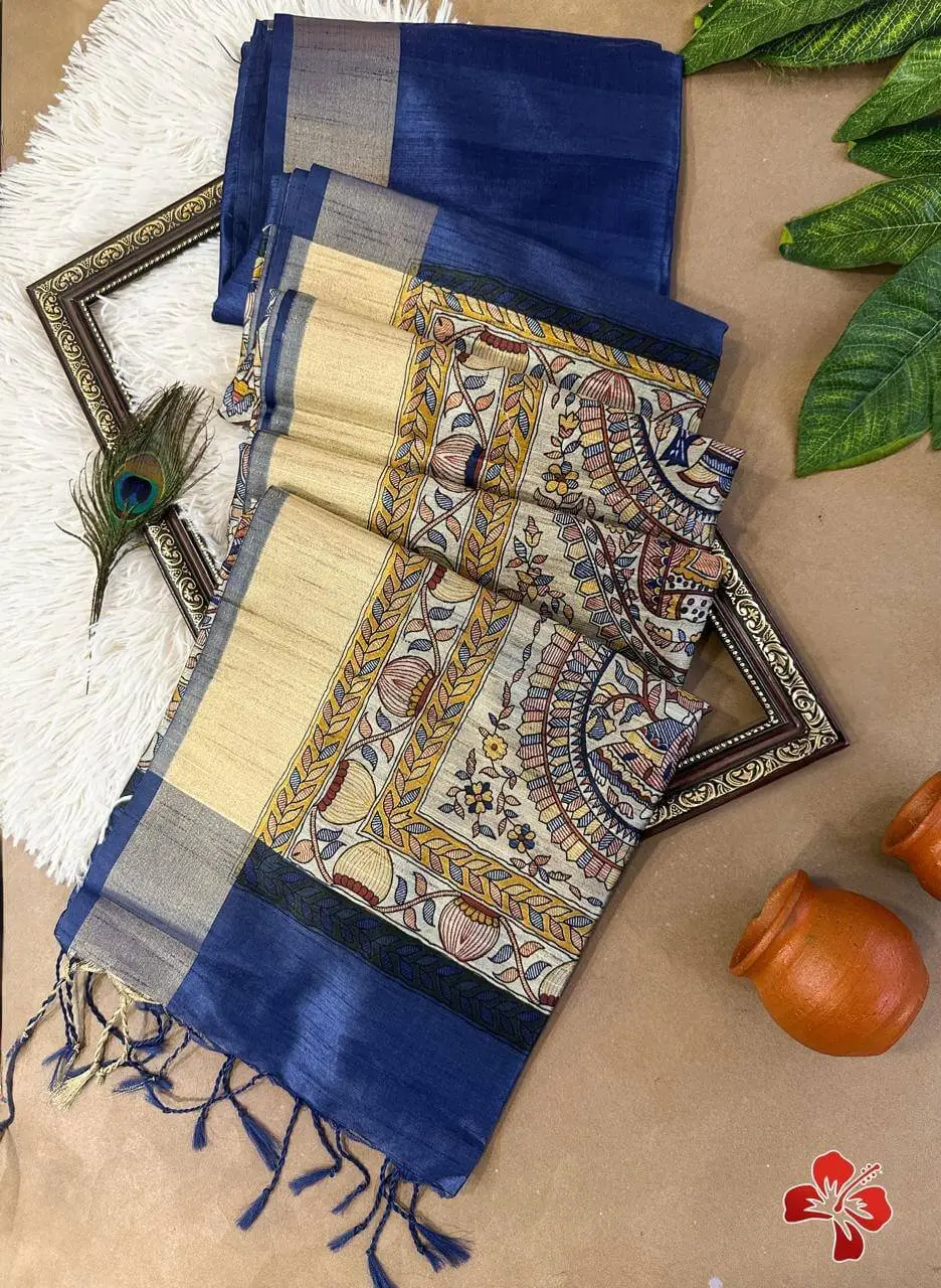 Elevate Your Look with Blue Khadi Blend Raw Silk Saree With Madhubani Print Pallu