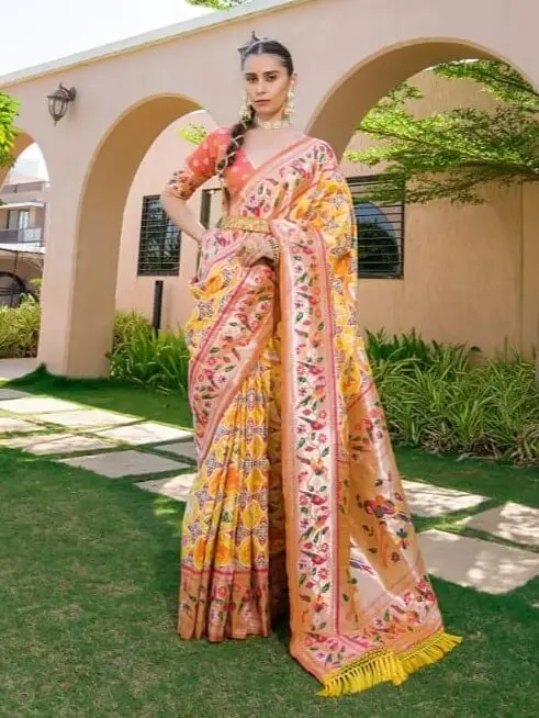 Get Your Glam On with Yellow Banarasi Silk Paithani Saree image 2