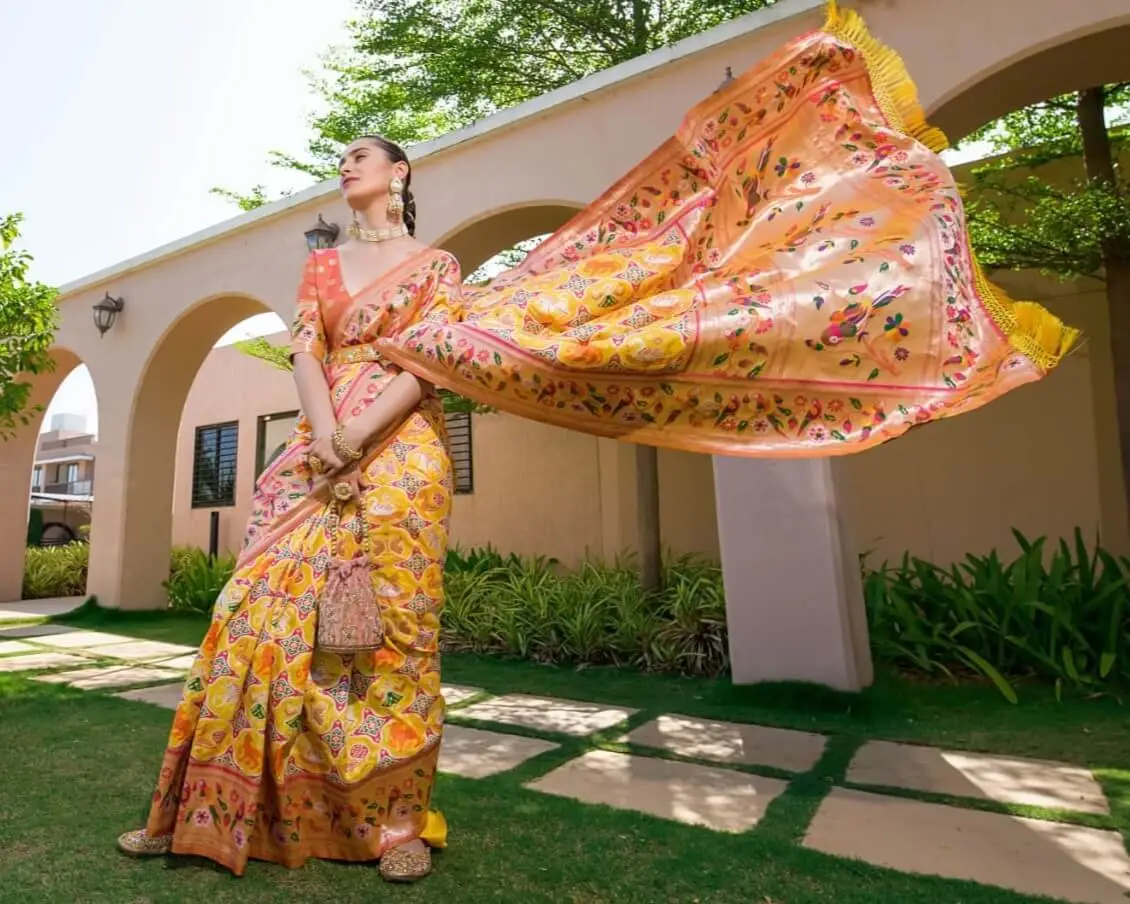 Get Your Glam On with Yellow Banarasi Silk Paithani Saree image 3