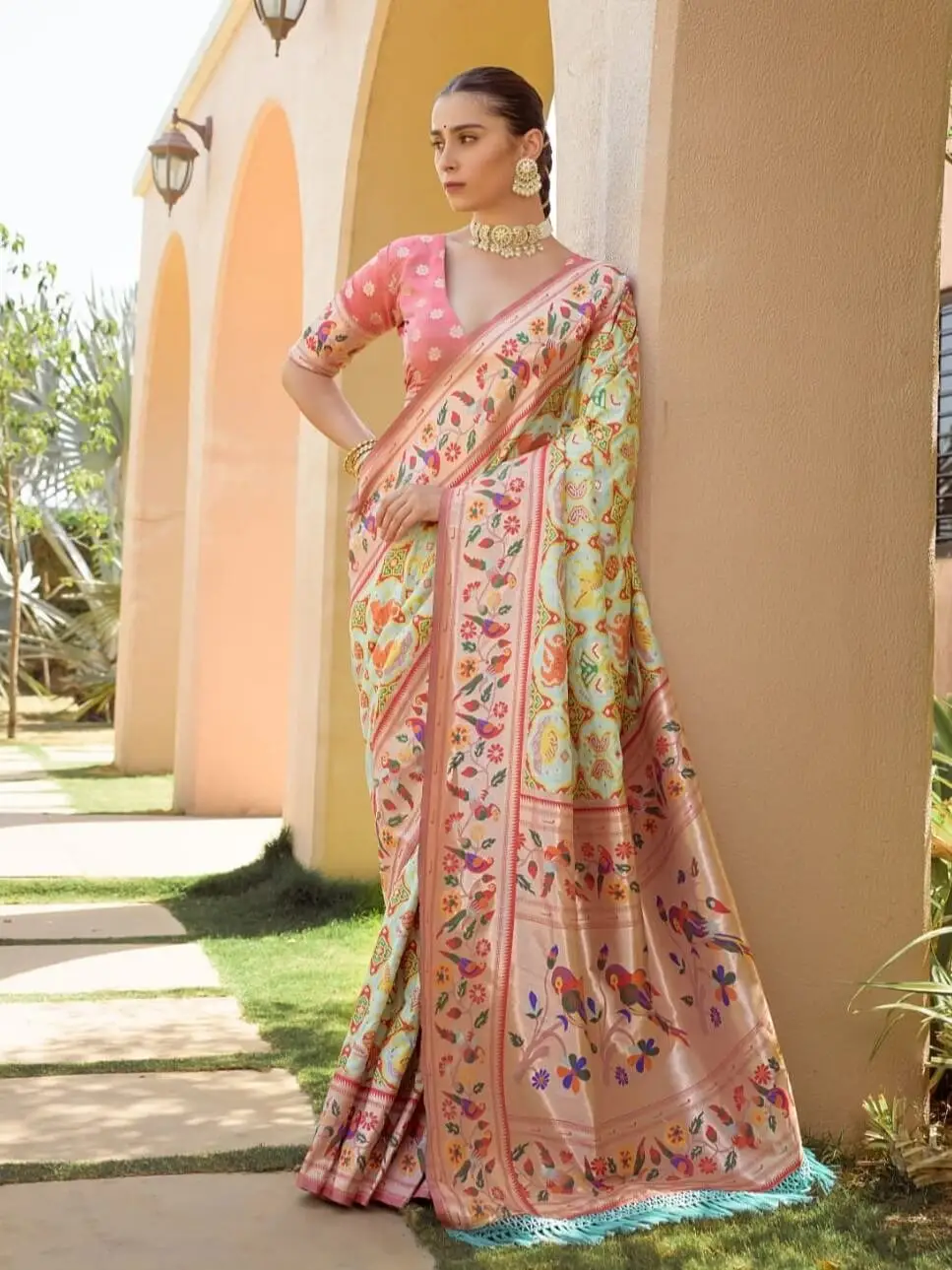 Rock the Glam with Cream Banarasi Silk Paithani Saree image 2