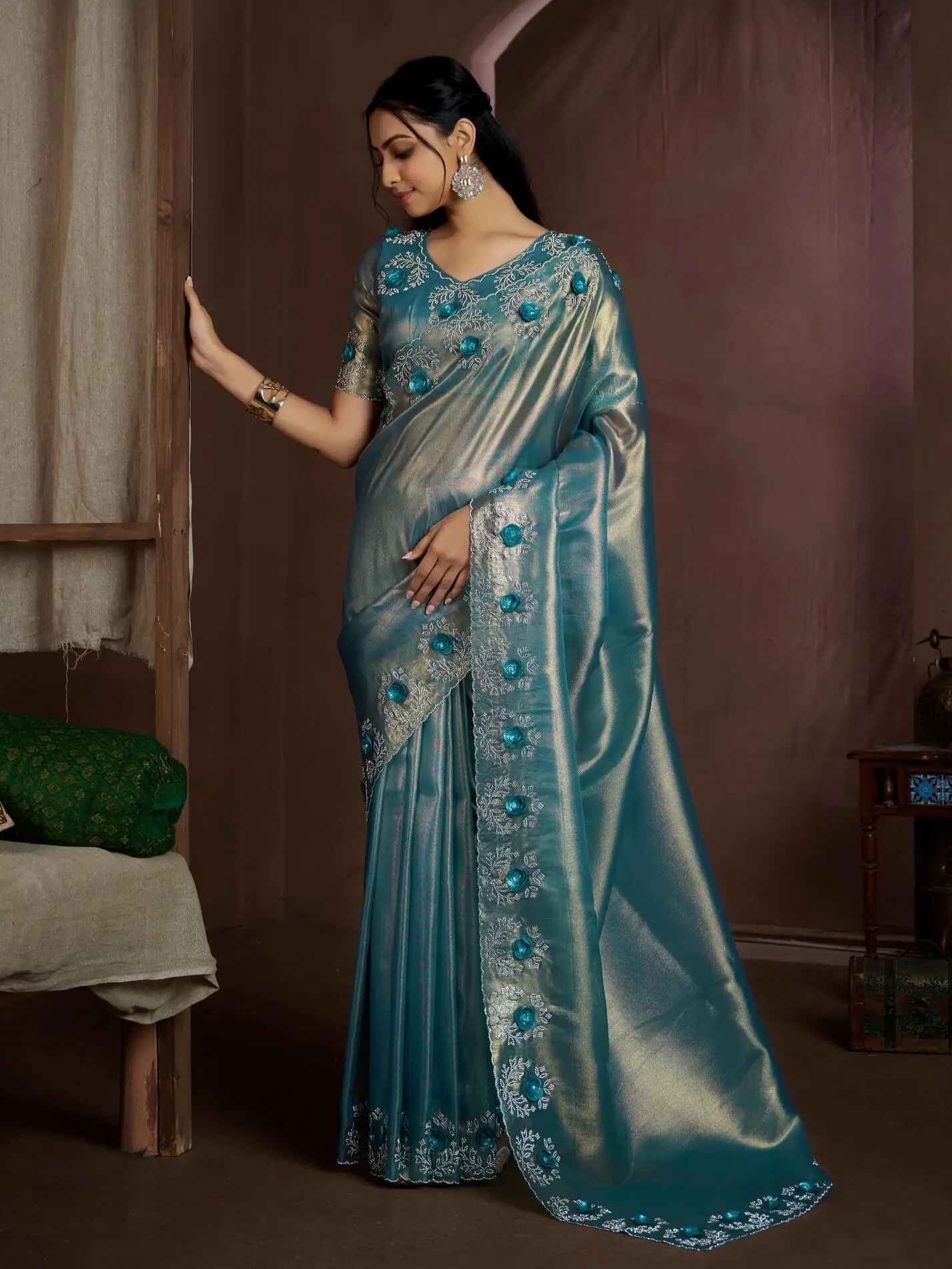 Elevate Your Look with Blue Raina Silk Jarkan Work Saree