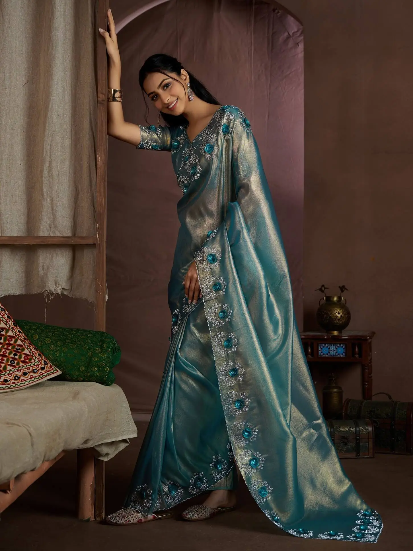 Elevate Your Look with Blue Raina Silk Jarkan Work Saree image 2