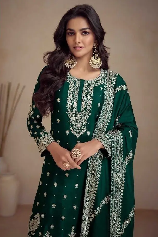 Turn Up the Glam with Dark Forest Green Embroidered Chinnon Palazzo Suit Set image 2