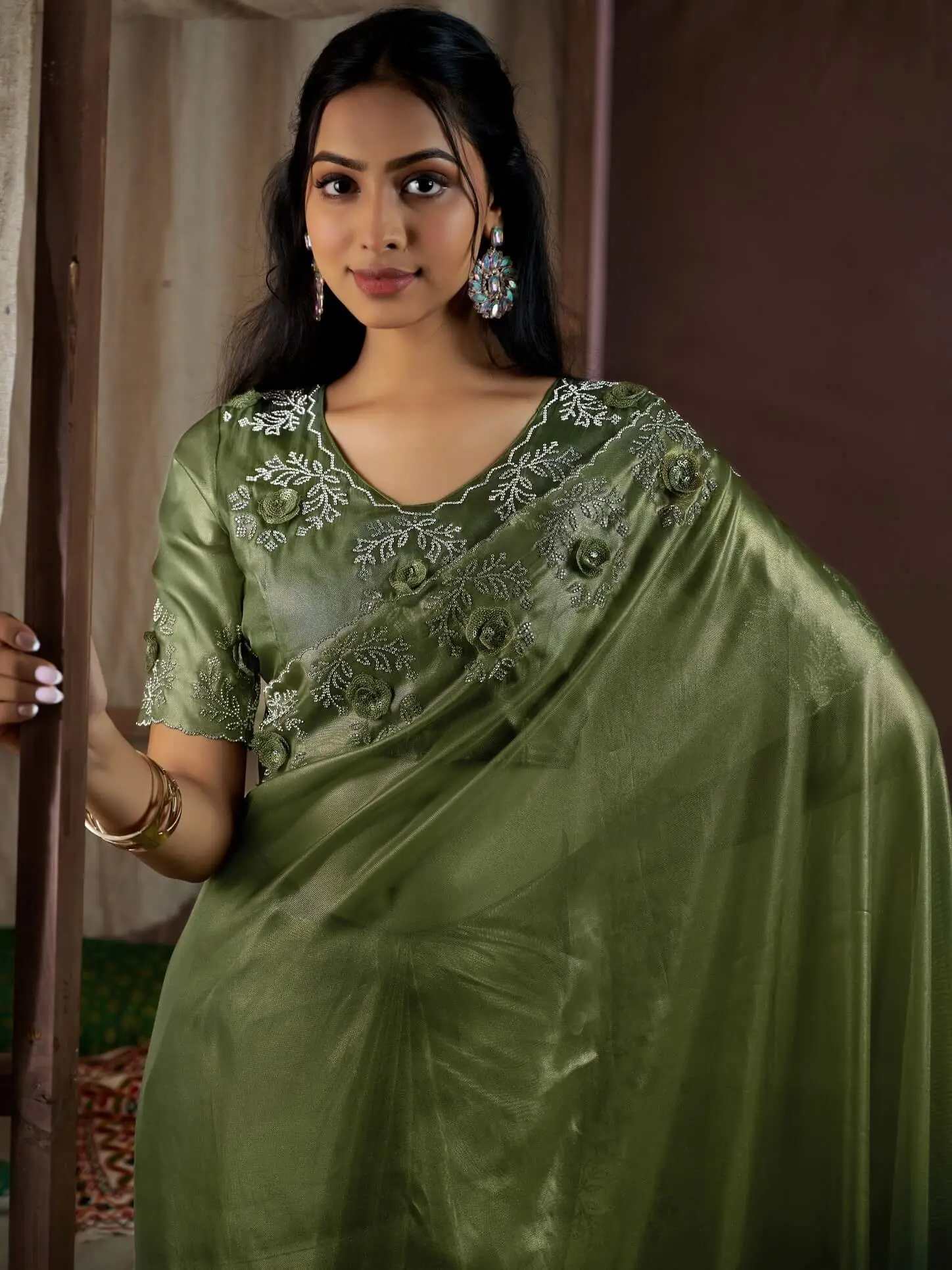 Turn Up the Glam with Green Raina Silk Jarkan Work Saree image 4