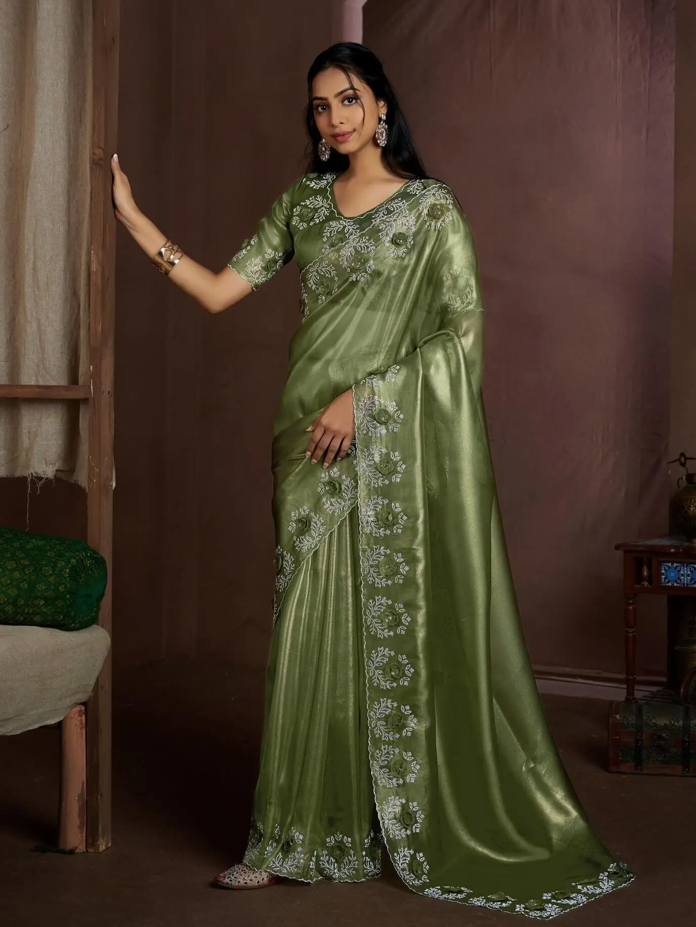 Turn Up the Glam with Green Raina Silk Jarkan Work Saree image 2