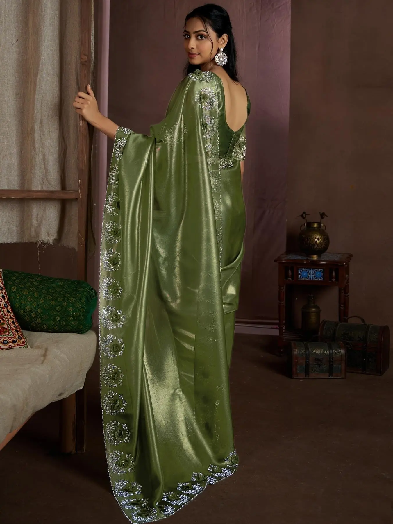 Turn Up the Glam with Green Raina Silk Jarkan Work Saree image 3