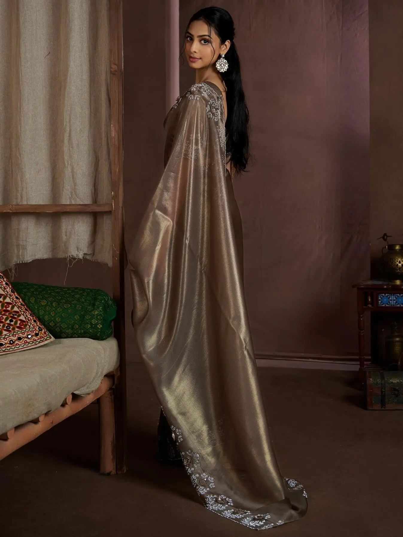 Get Your Glam On with Tan Color Raina Silk Jarkan Work Saree image 3