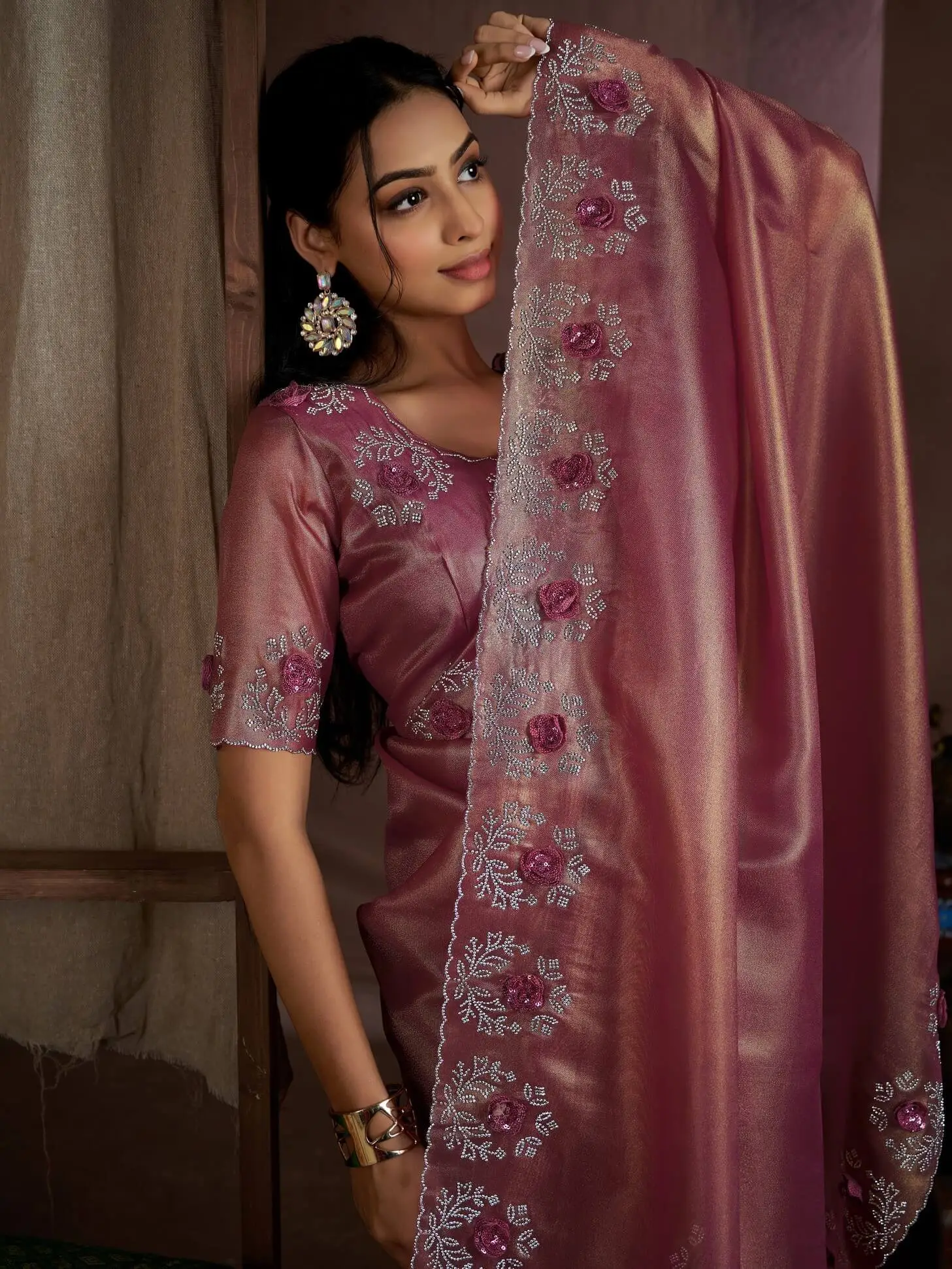 Step Into Fabulous with Wine Raina Silk Jarkan Work Saree image 4