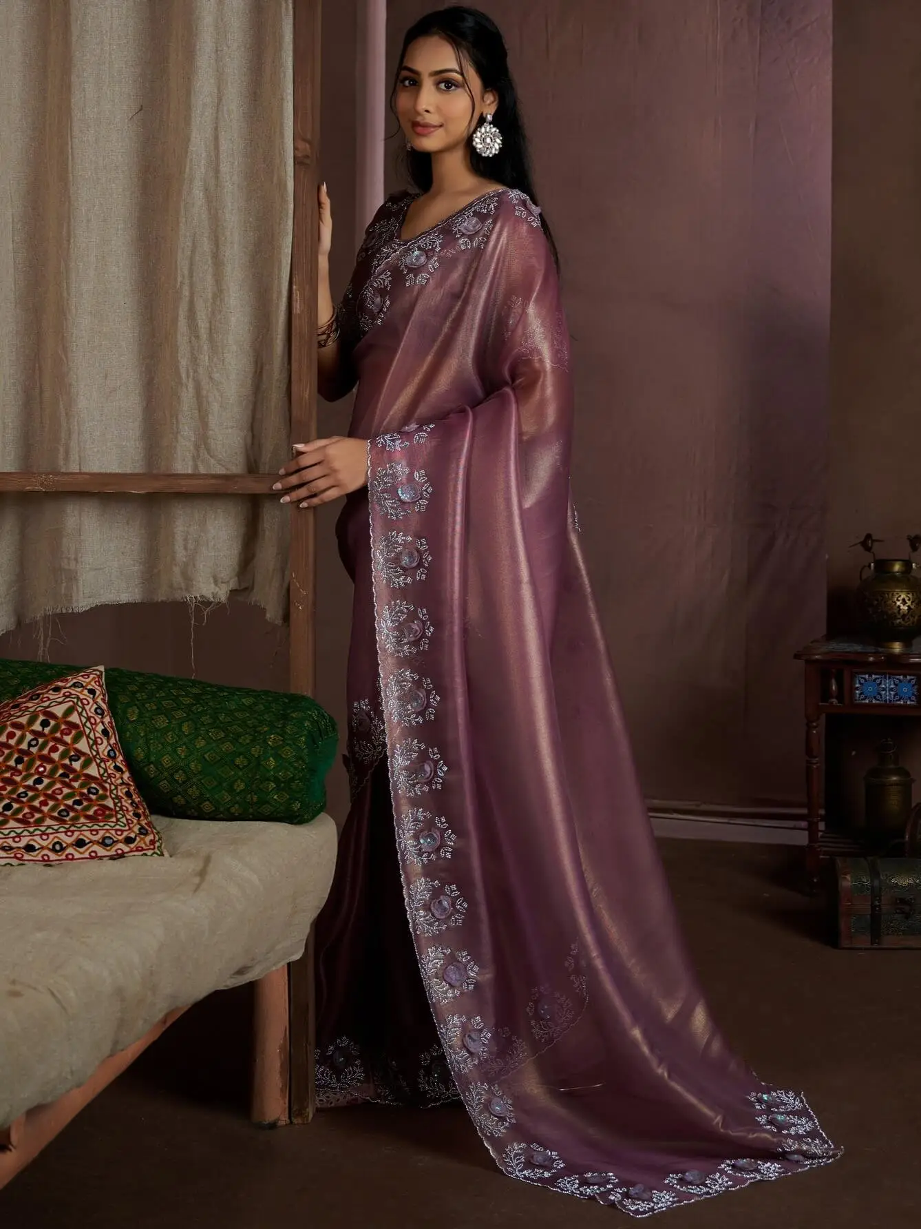 Step Into Fabulous with Purple Raina Silk Jarkan Work Saree image 3