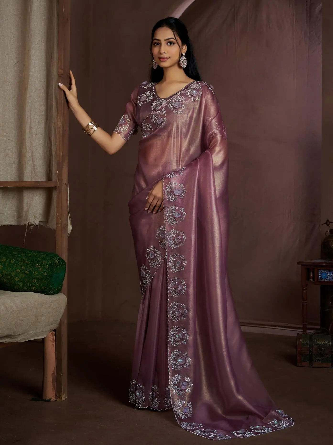 Step Into Fabulous with Purple Raina Silk Jarkan Work Saree