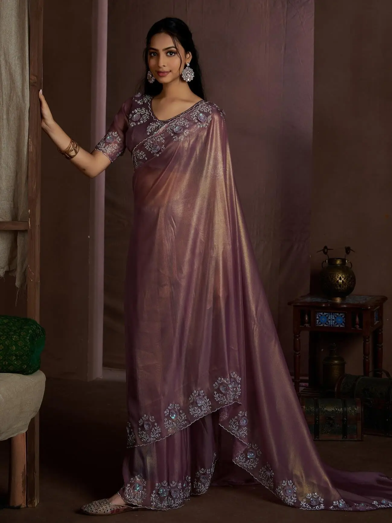 Step Into Fabulous with Purple Raina Silk Jarkan Work Saree image 2