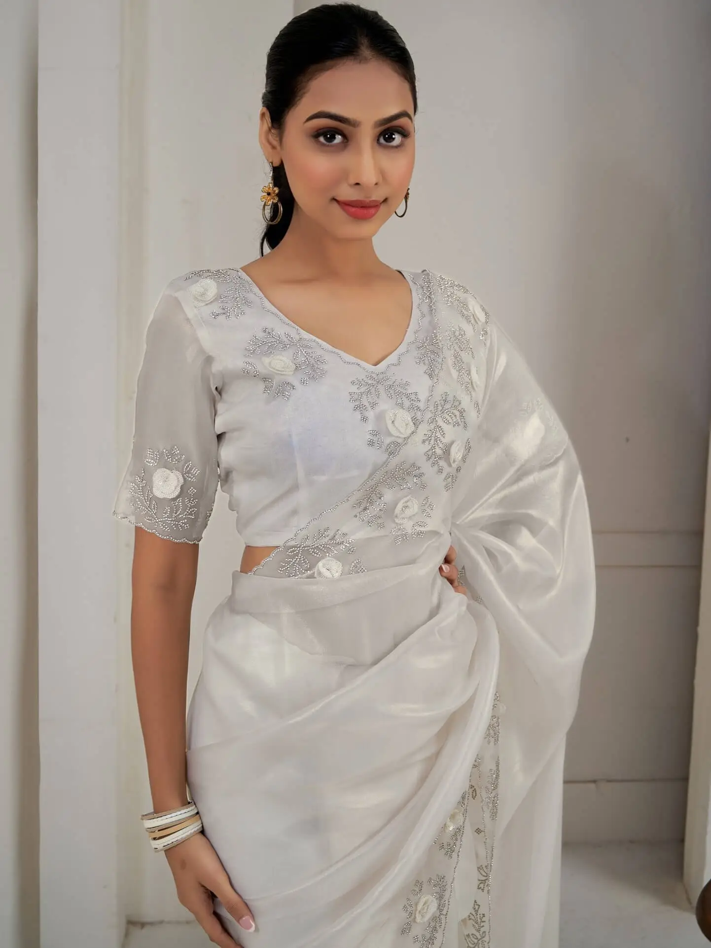 Shimmer and Shine with Ivory Raina Silk Jarkan Work Saree image 3
