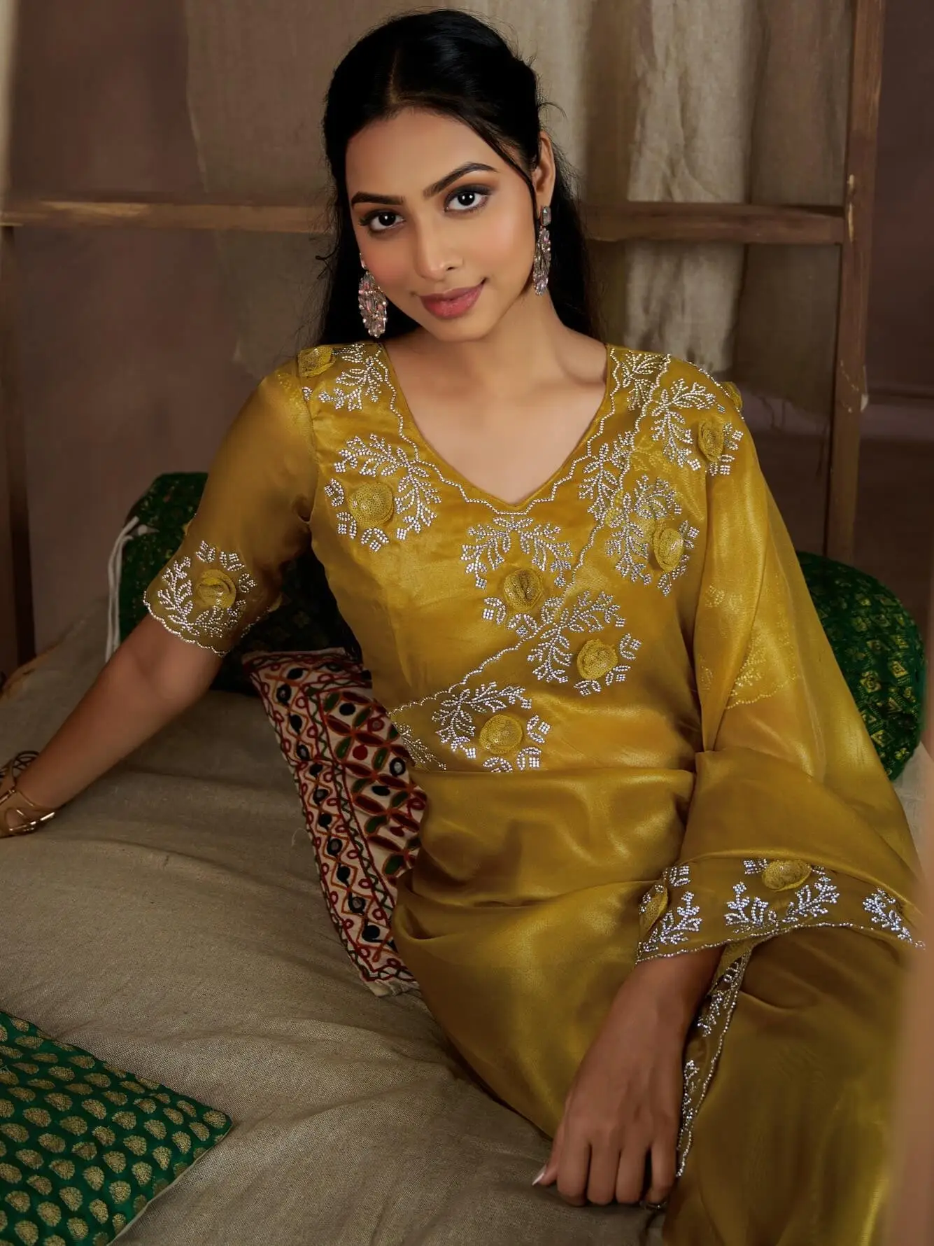 Feel the Glamour with Mustard Raina Silk Jarkan Work Saree image 5