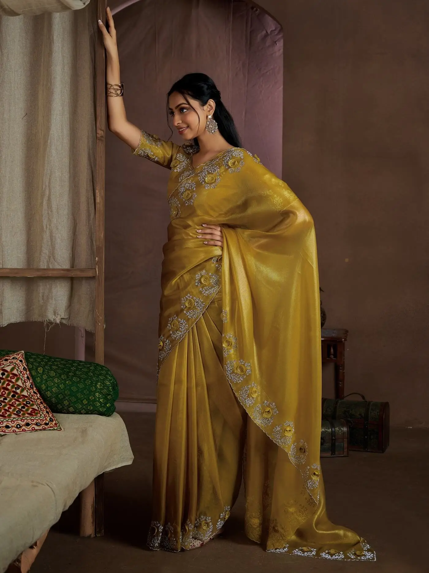 Feel the Glamour with Mustard Raina Silk Jarkan Work Saree image 3