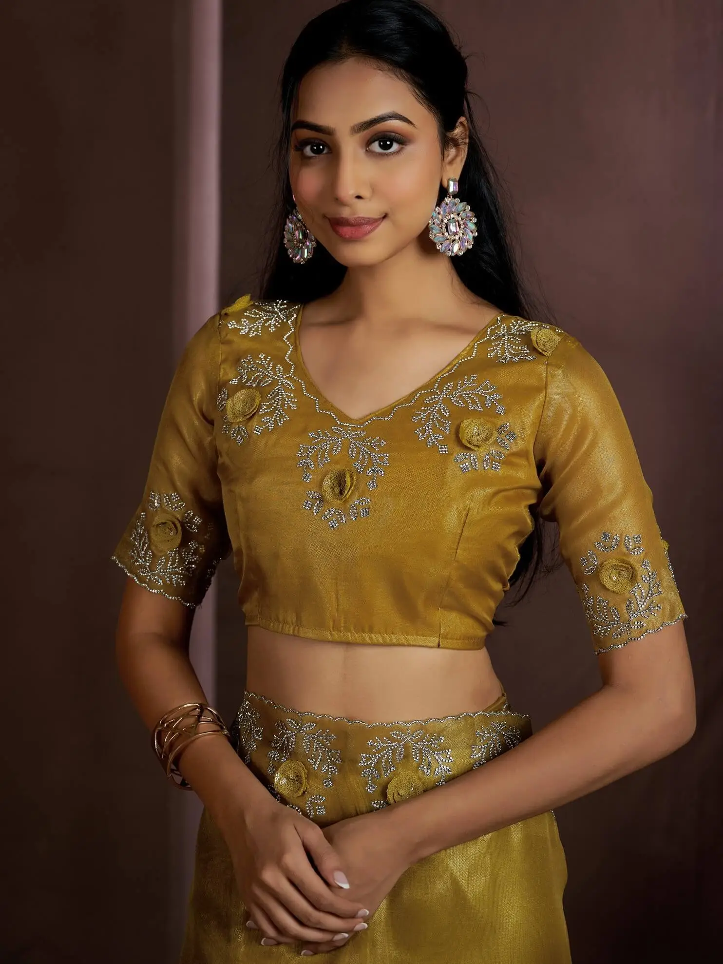 Feel the Glamour with Mustard Raina Silk Jarkan Work Saree image 6