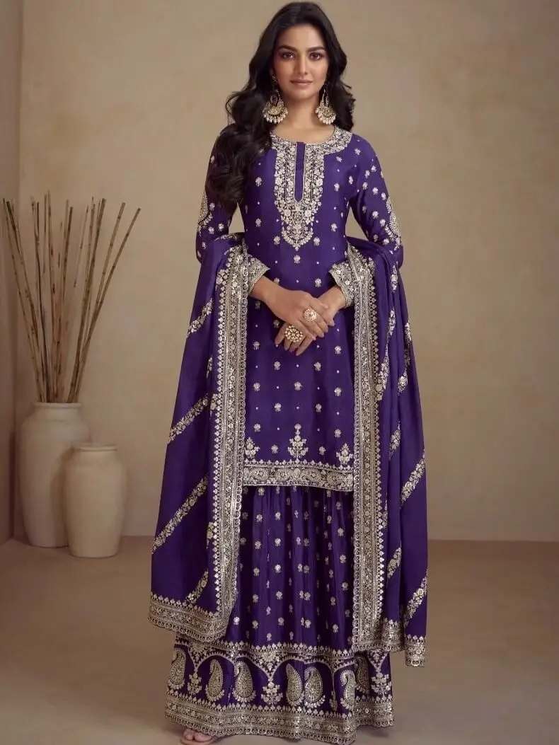 Elevate Your Aura with Dark Purple Embroidered Chinnon Palazzo Suit Set