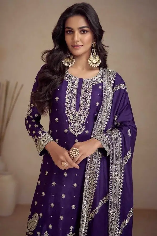 Elevate Your Aura with Dark Purple Embroidered Chinnon Palazzo Suit Set image 2