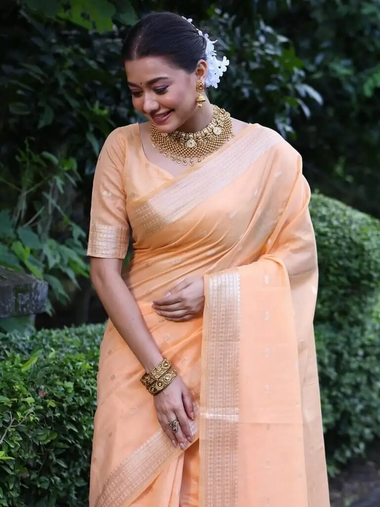 Turn Up the Glam with Pastel Orange Maheshwari Tissue Silk Weaving Saree image 2