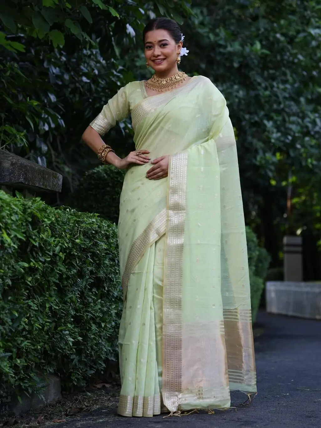 Enhance Your Shine with Pastel Green Maheshwari Tissue Silk Weaving Saree
