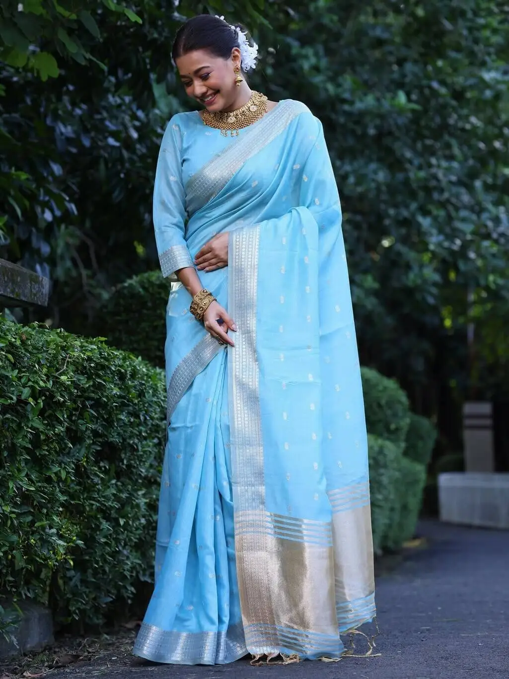 Time to Shine with Sky Blue Maheshwari Tissue Silk Weaving Saree image 2