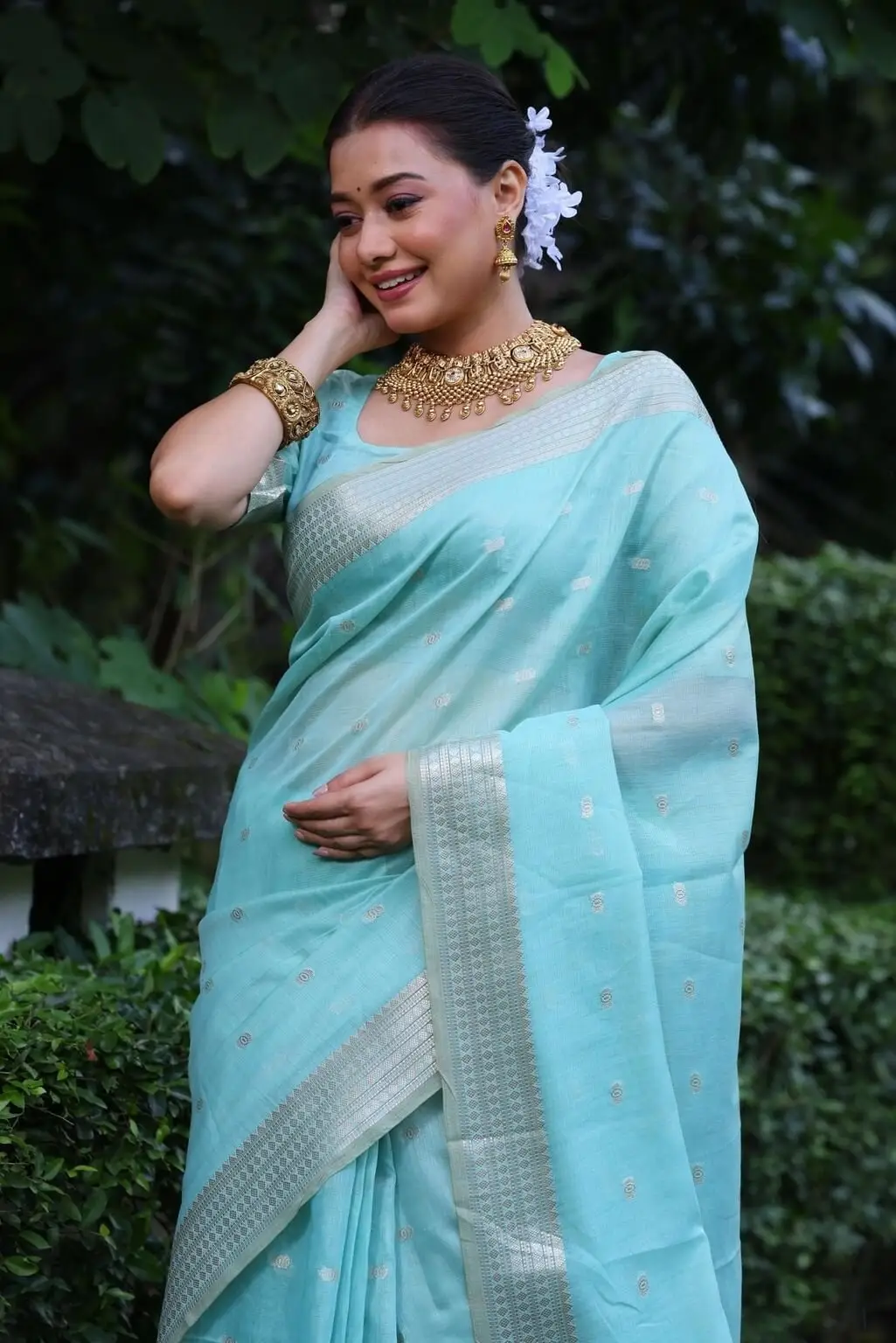 Time to Shine with Sky Blue Maheshwari Tissue Silk Weaving Saree image 3