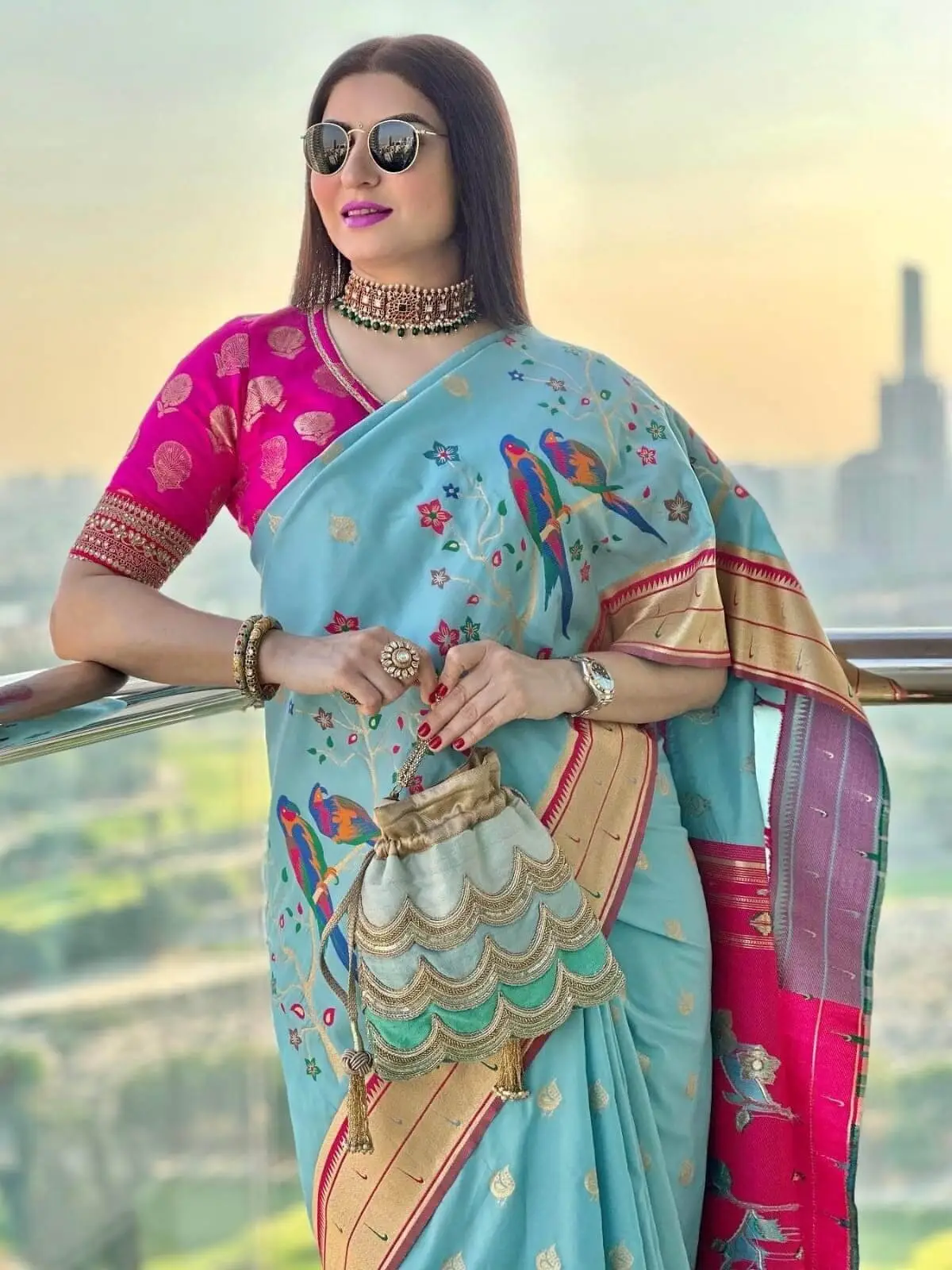 Turn Up the Glam with Firozi Banarasi Silk Paithani Saree With Contrast Border image 2