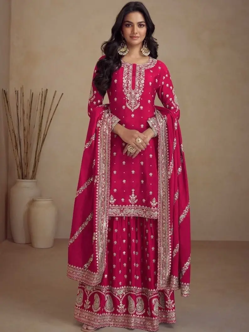 Style It Up with Magenta Pink Embroidered Chinnon Palazzo Suit Set