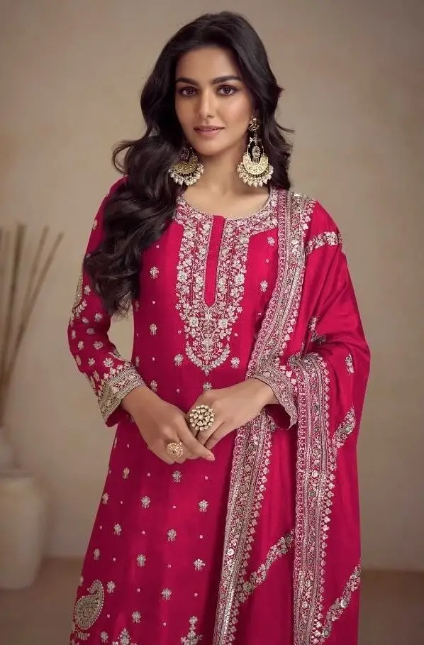Style It Up with Magenta Pink Embroidered Chinnon Palazzo Suit Set image 2