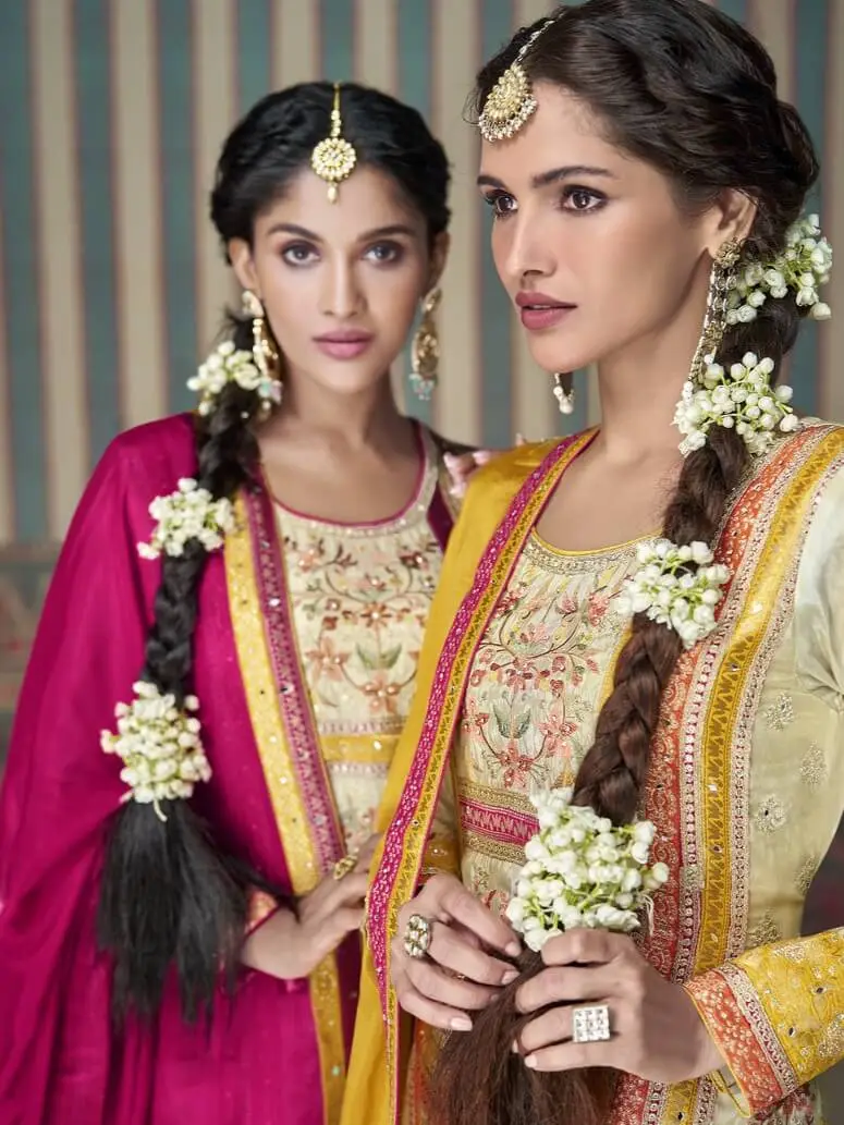 Chic and Sleek with Yellow And Cream Simar Silk Kurti With Palazzo And Embroidered Dupatta image 4
