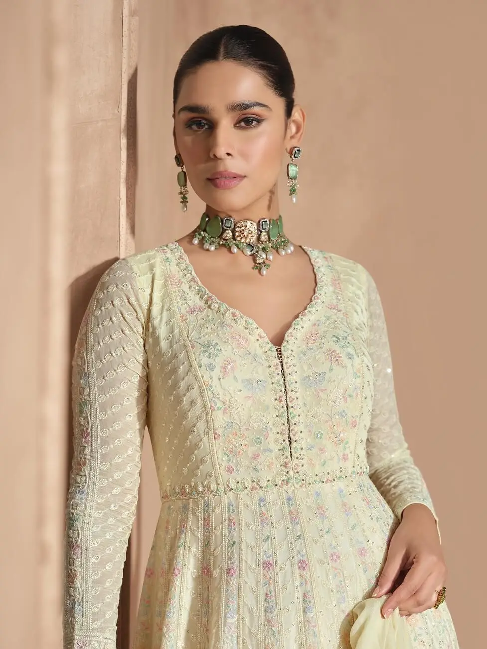Gild Your Glamour with Cream Georgette Chikankari Embroidered Anarkali Gown With Dupatta image 3