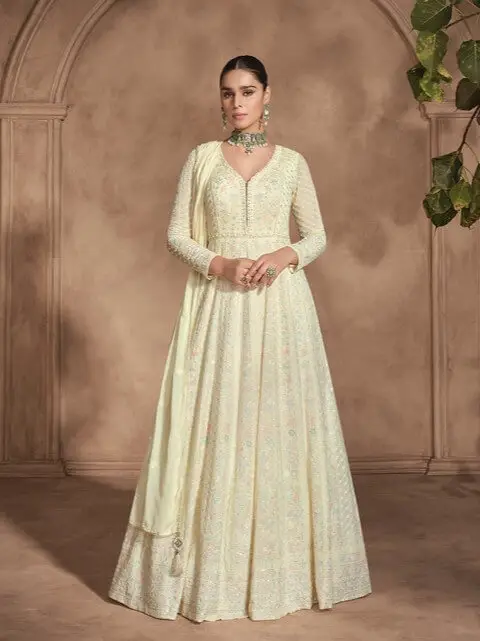 Gild Your Glamour with Cream Georgette Chikankari Embroidered Anarkali Gown With Dupatta image 2