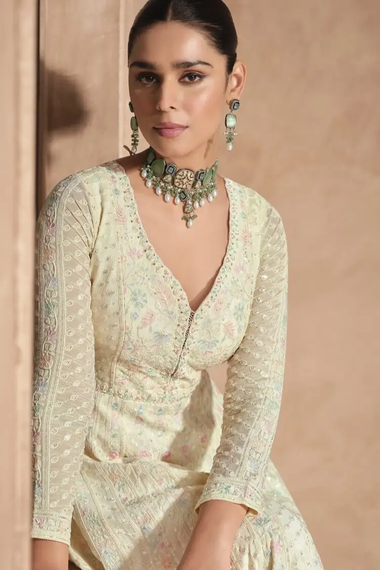 Gild Your Glamour with Cream Georgette Chikankari Embroidered Anarkali Gown With Dupatta image 4