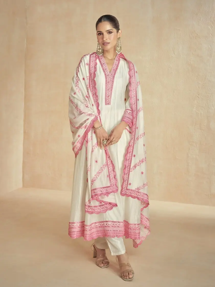 Chic and Sleek with White And Pink Silk Embroidered Salwar Suit Set image 4