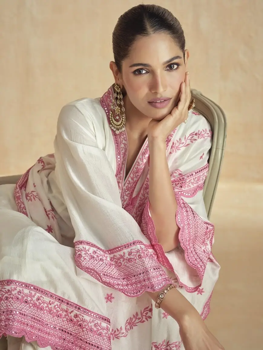 Chic and Sleek with White And Pink Silk Embroidered Salwar Suit Set image 2