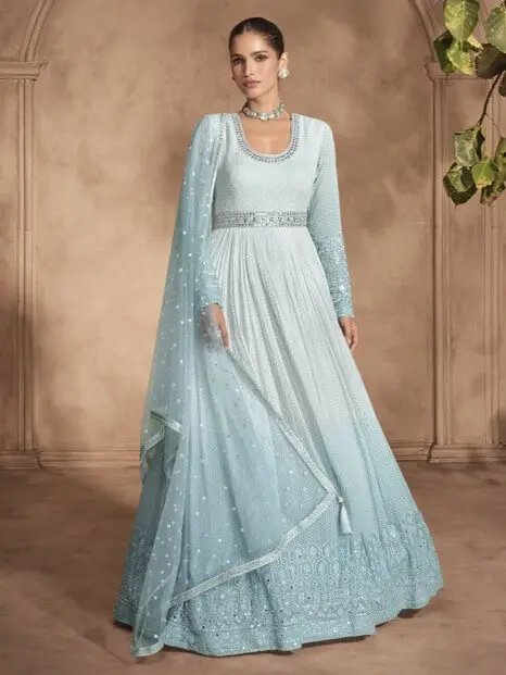 Step Into Elegance with Powder Blue Georgette Chikankari Embroidered Anarkali Gown With Dupatta image 2