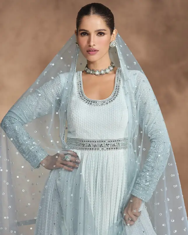Step Into Elegance with Powder Blue Georgette Chikankari Embroidered Anarkali Gown With Dupatta image 4