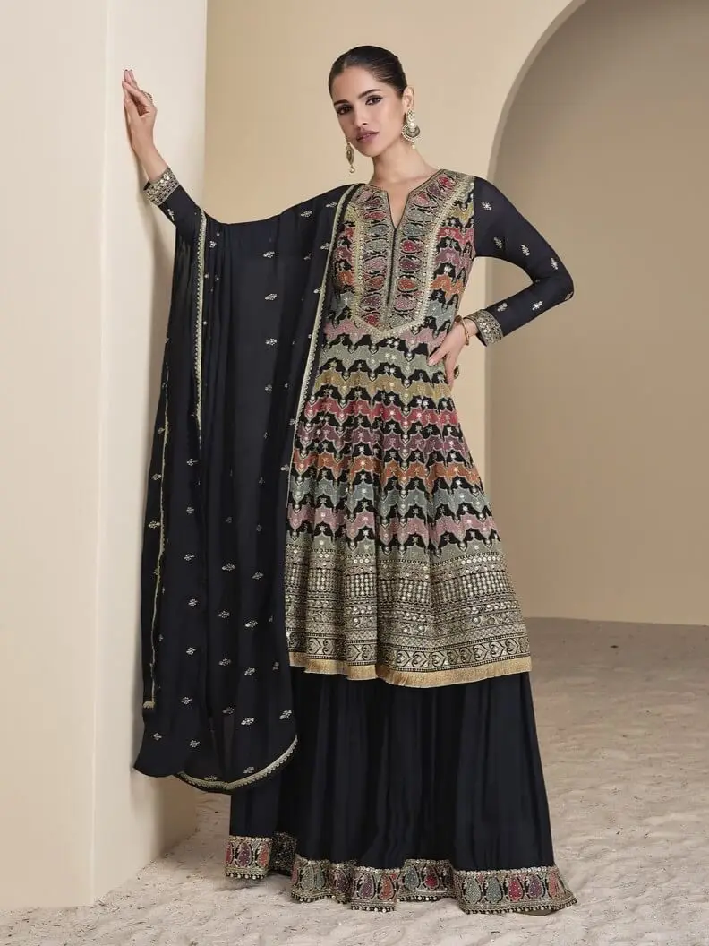Elevate Your Look with Charcoal Black Georgette Kurta With Palazzo And Embroidered Dupatta image 2