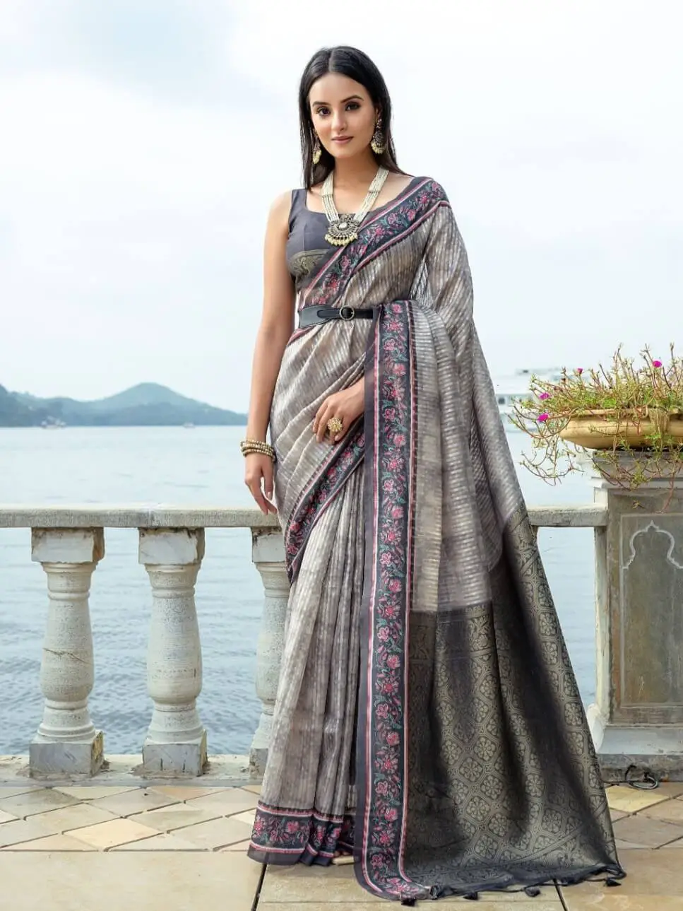 Step Into Elegance with Grey Soft Silk Saree With Floral Border