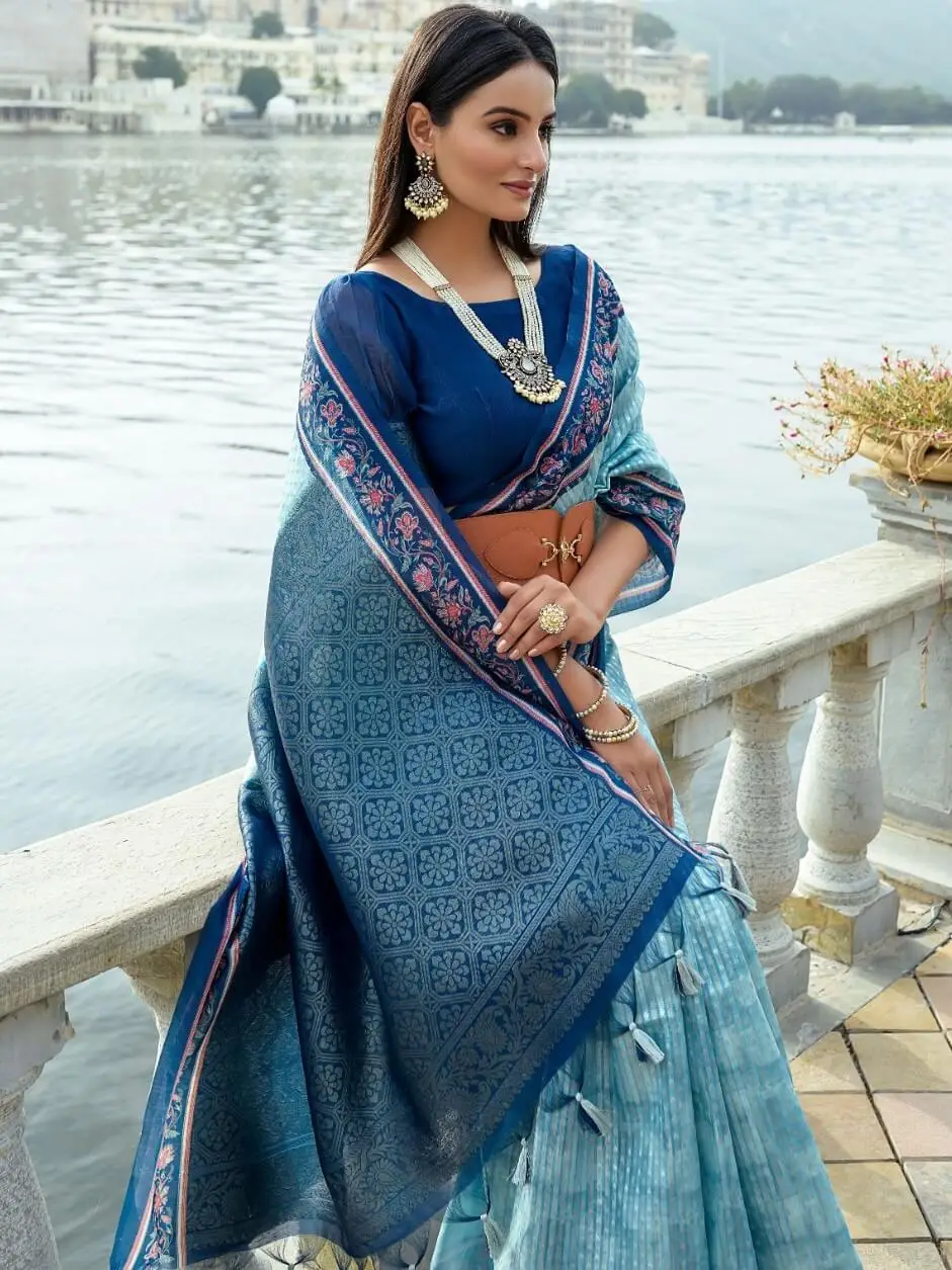 Enhance Your Essence with Aqua Soft Silk Saree With Floral Border image 2