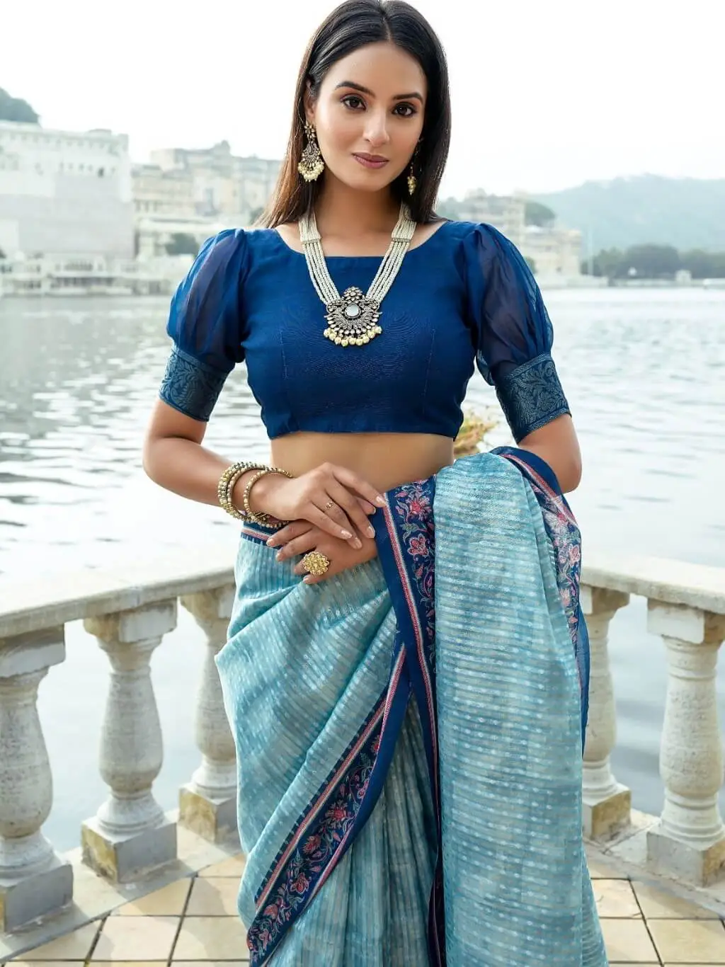 Enhance Your Essence with Aqua Soft Silk Saree With Floral Border image 3