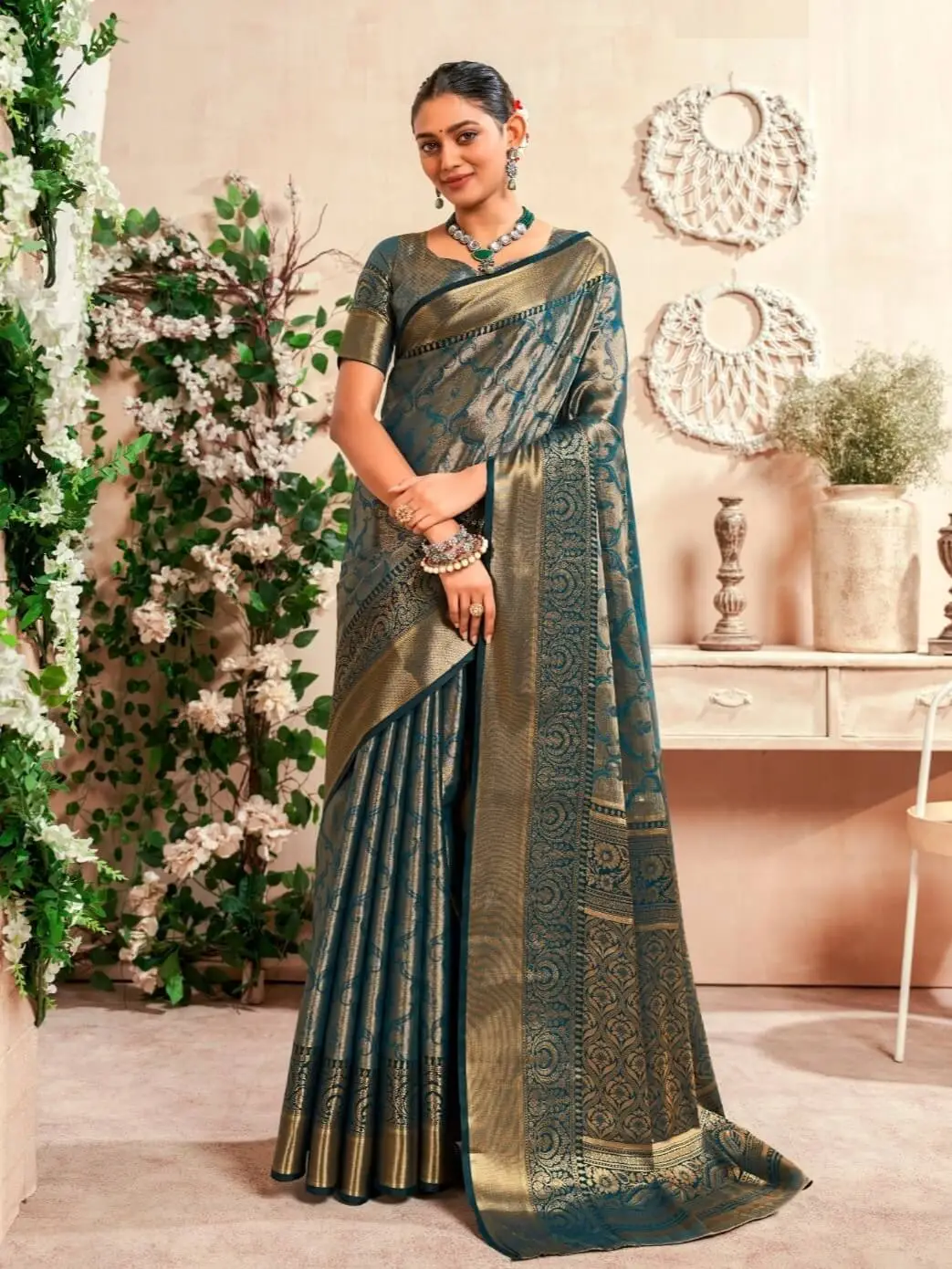 Enhance Your Shine with Peacock Blue Zari Weaving Venkatgiri Silk Saree