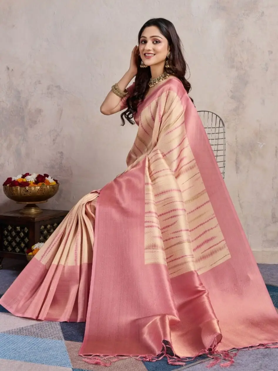 Shimmer and Shine with Pink And Cream Zari Weaving Banarasi Silk Saree image 2