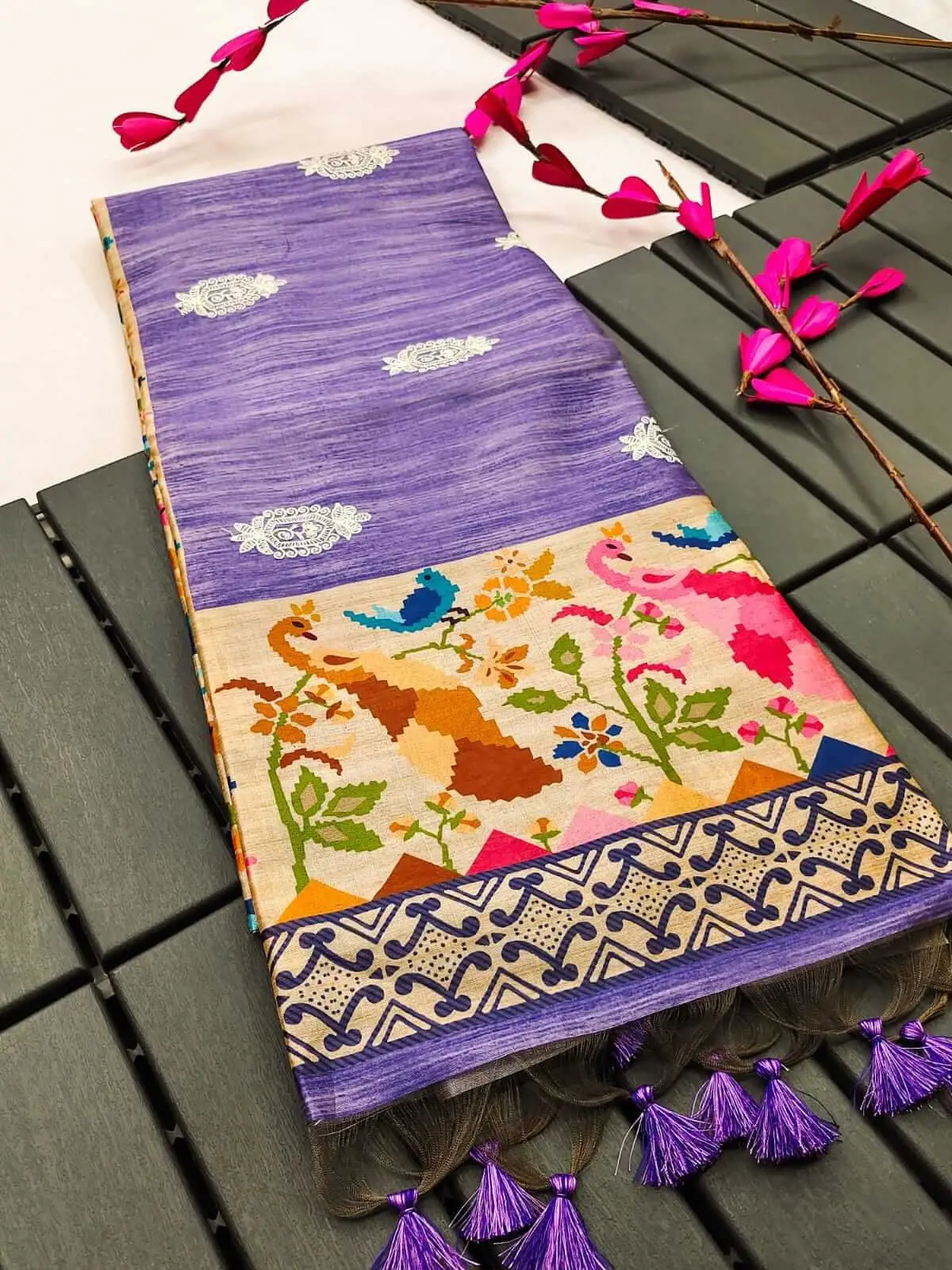 Step Into Fabulous with Purple Tussar Silk Saree With Ikkat Print Blouse image 2