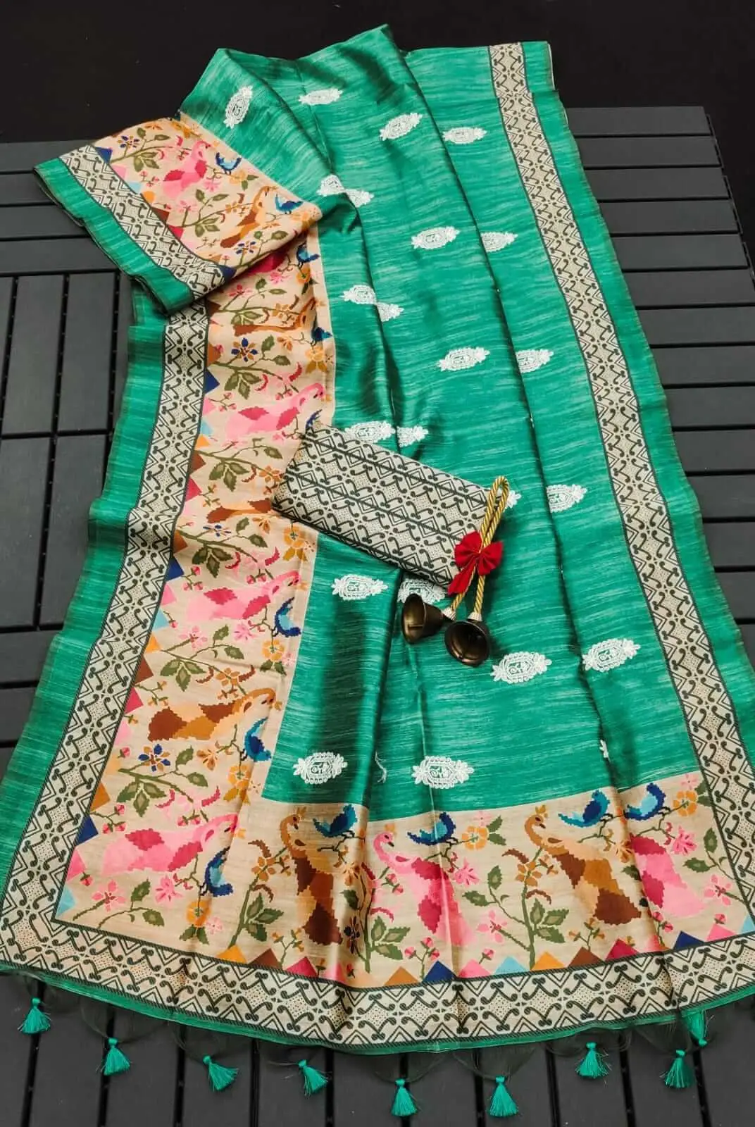 Enhance Your Shine with Rama Green Tussar Silk Saree With Ikkat Print Blouse