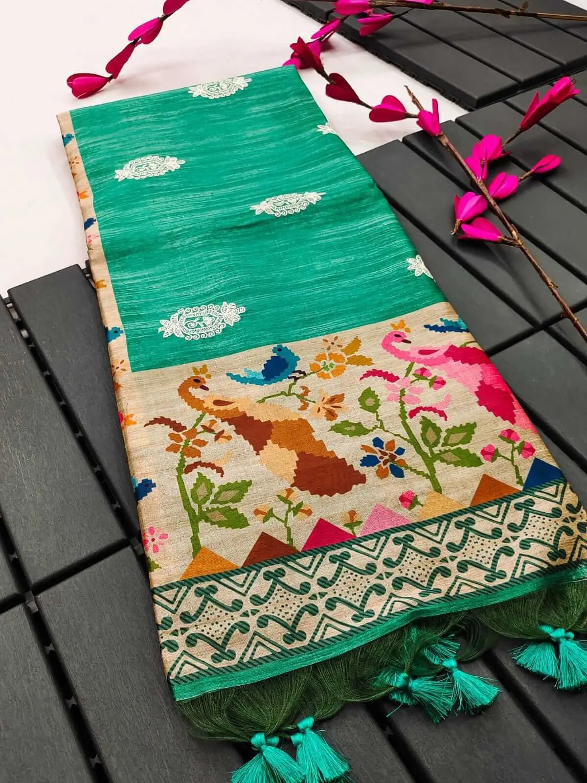 Enhance Your Shine with Rama Green Tussar Silk Saree With Ikkat Print Blouse image 2