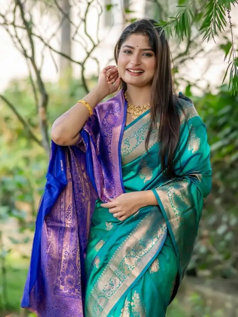 Feel the Glamour with Turquoise Banarasi Katan Silk Pattu Saree image 3